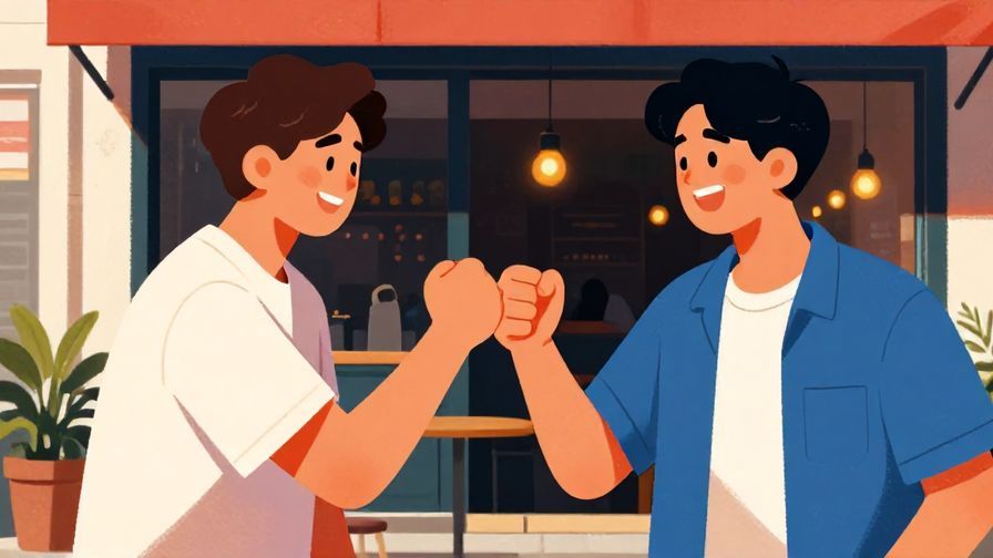 Illustration%20of%20two%20young%20men%20grinning%20and%20giving%20each%20other%20a%20fist%20bump%20outside%20a%20street%20cafe%2C%20vibrant%20colors%2C%20illustrated%20style
