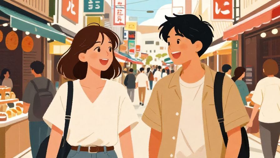 Illustration%20of%20two%20young%20people%20laughing%20and%20chatting%20in%20a%20busy%20marketplace%20in%20Osaka%2C%20casual%20clothing%2C%20vibrant%20colors%2C%20illustrated%20style