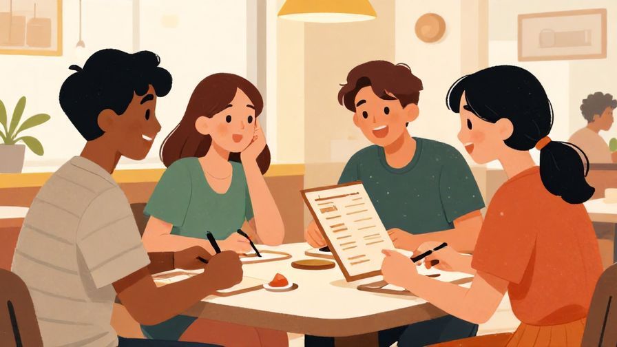 Illustration%20of%20young%20people%20chatting%20and%20laughing%20in%20a%20casual%20restaurant%20while%20one%20asks%20to%20see%20the%20menu%2C bright colors, illustrated style